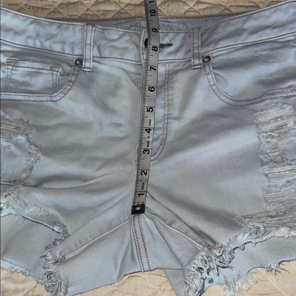 American Eagle Midi 12 Light Blue Distressed Jean Shorts - Picture 7 of 8